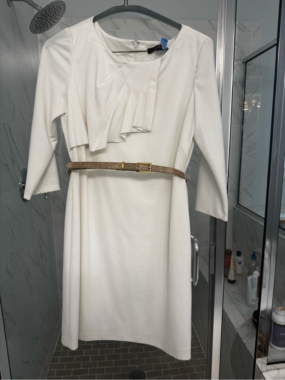 Alex Marie White Midi Dress with Pleated Front and Belt